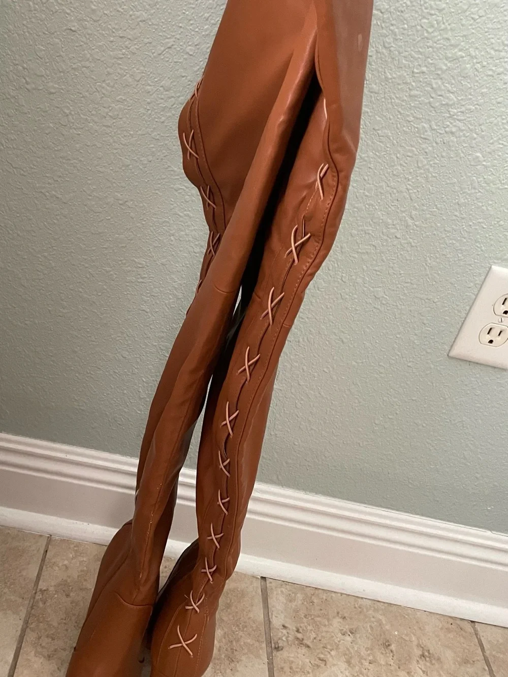 Over-the-Knee Lace-Up Tan Block Heel Boots